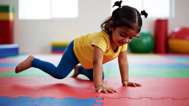 Toddler girl in pigtails wearing a yellow top and blue leggings crawling on all fours across a colorful, interlocking foam mat with various play items visible in the soft-focus background