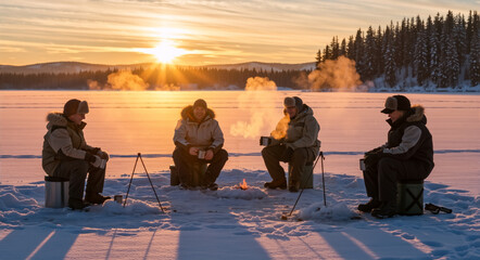 Friends ice fishing around a campfire on a frozen lake at sunset. A group of people enjoying a hot drink in the cold winter landscape. Outdoor recreation and camaraderie