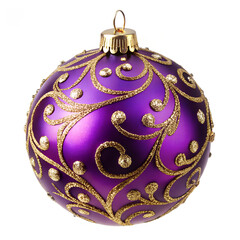 Violet ball with a gold pattern as a decoration for Christmas tree on white background.