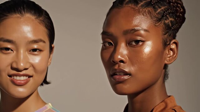 Young couple with radiant, glowing skin posed side-by-side in studio lighting, highlighting diverse beauty, healthy complexions, confidence and skincare wellness in close-up portrait