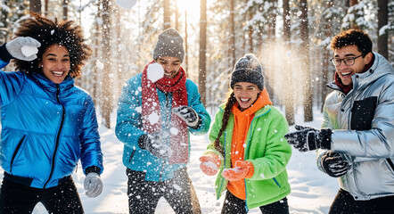 Diverse group of happy friends having a snowball fight in a snowy forest. Young adult multiethnic people laughing and playing together outdoors in winter
