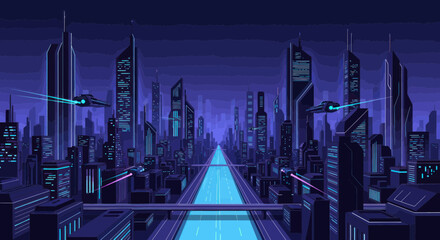 A vibrant pixel art depiction of a futuristic city at night, featuring towering skyscrapers, glowing blue pathways, and sleek flying vehicles under a dark sky.