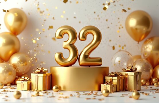 Golden number 32 sits on podium surrounded by shiny gift boxes, balloons. Confetti sprinkles this festive scene, marking special celebration or anniversary. This luxury setup evokes joy, surprise.