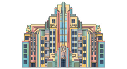 Colorful Art Deco building illustration with geometric patterns and stepped design.