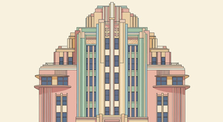 Stylized Art Deco building illustration with pastel colors and stepped architectural design.