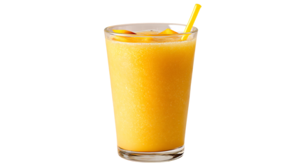 A refreshing peach smoothie, served in a tall glass with a yellow straw, perfect for a healthy and delicious summer beverage