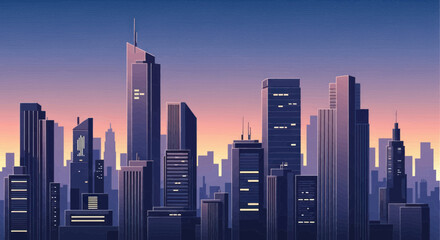 A stylized illustration of a modern city skyline at dusk or dawn, featuring numerous tall buildings and skyscrapers against a vibrant gradient sky.