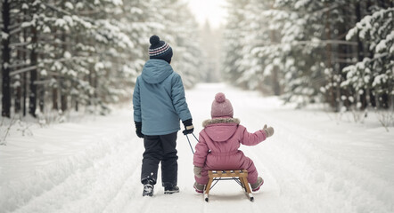 Two children walking in a snowy winter forest from behind. Older brother pulling his younger sister on a wooden sled. Childhood fun and family outdoor activities