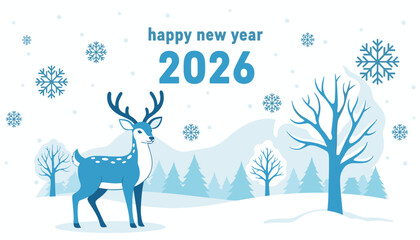 Majestic deer stands proudly in a serene winter wonderland celebrating the fresh start of Happy New Year 2026 with falling snowflakes