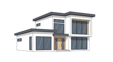 A modern two-story house with a flat roof and large windows, featuring contemporary architecture and a minimalist design.