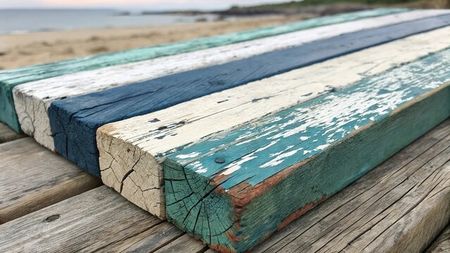 Chipped painted wood planks resting on a beachside boardwalk under a clear sky