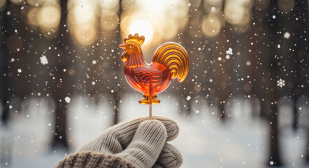Hand in a mitten holding a traditional rooster-shaped lollipop. Close-up of a cockerel candy during a snowy winter sunset with bokeh background