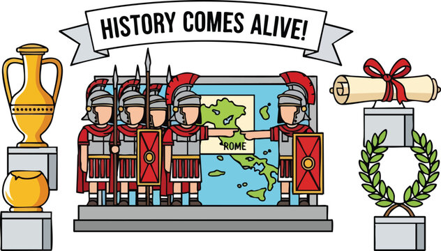 Roman Soldiers Display Ancient Map and Laurel Wreath Symbolizing History and Victory