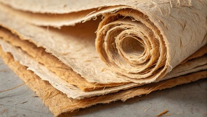 Handmade paper pulp sheets rolled neatly on a work surface, showcasing unique texture and colors