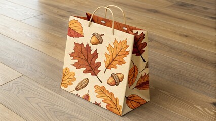 Autumn-themed paper shopping bag with leaf and acorn designs displayed on wooden floor