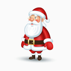 Santa Claus in a red suit with a white beard, hat and glasses. The cute smiling Christmas character that can be used for Christmas cards, festive designs, seasonal projects. Vector illustration