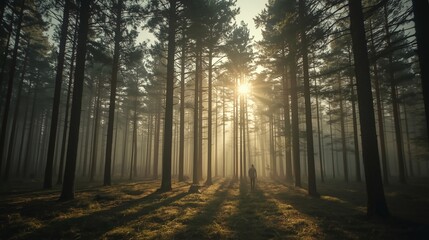 Man walking through a stunning misty forest with sun rays, a peaceful escape into nature's beauty, perfect for travel, adventure, or wellness campaigns