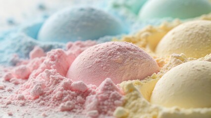 Colorful pastel powder arranged in soft mounds showcasing a vibrant, textured surface under gentle light