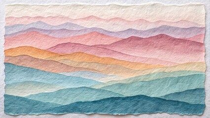 Pastel paper layering creates serene mountain landscape with soft hues at sunrise