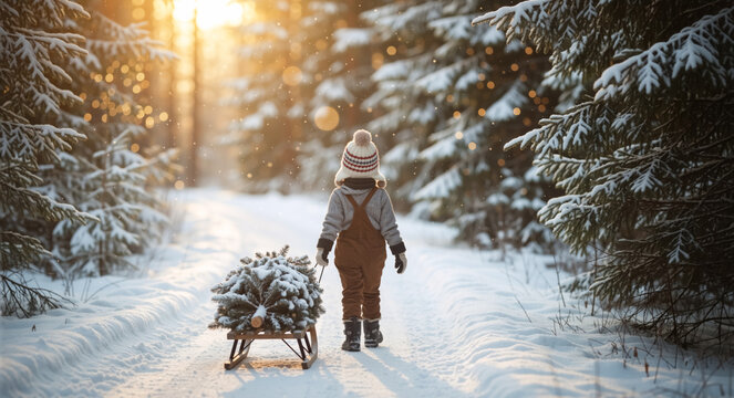Child pulling a Christmas tree on a sled through a snowy winter forest. Young kid walking on a path during a magical golden hour sunset with falling snow