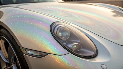 Close up of pearlized paint surface showcasing rainbow effects on a luxury sports car in bright sunlight