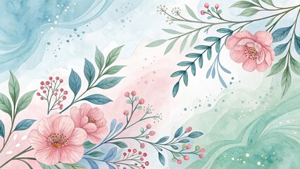 Soft pastel watercolor marble design with delicate flowers and leaves in soothing colors
