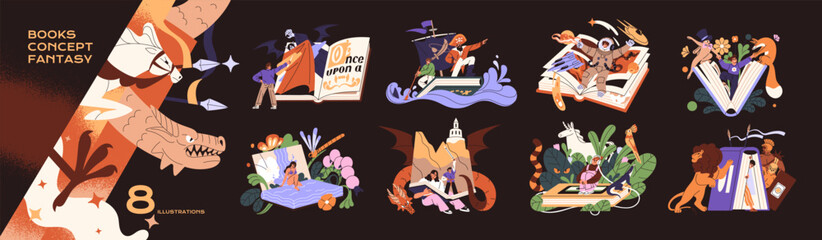 Naklejka premium Fantasy books concept set. People imagine with immersive magic stories, travel in worlds of kids' fairy tales. Mystery adventures with reading novels and fictions. Flat isolated vector illustrations.
