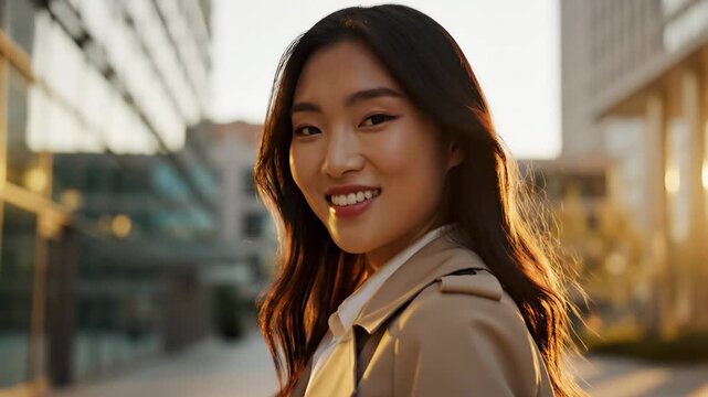 Young asian businesswoman in a trench coat stands in profile beside modern office buildings at golden hour, looking ahead with hopeful, contemplative confidence about her career future - Powered by Adobe