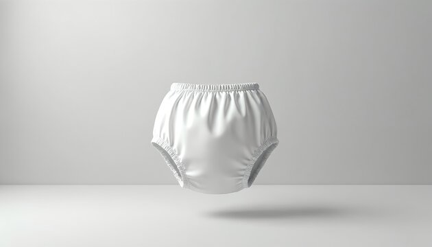 White baby swim diaper floating against simple backdrop. Comfortable infant swimwear for pool or beach use. Soft garment offers protection, easy to clean, perfect for summer vacation.