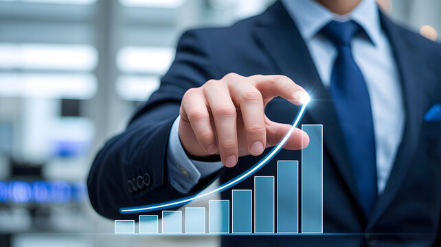 Businessman s hand points to a glowing upward trending financial growth chart with bar graph in a modern office setting