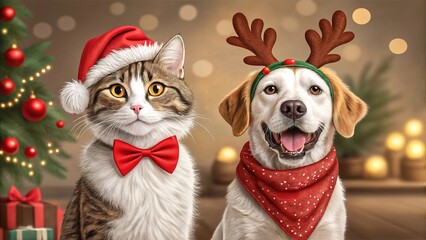 Pets enjoy festive fun dressed in holiday outfits near a beautifully decorated Christmas tree