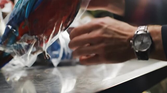 Man holds a blue-and-yellow macaw trapped in a clear plastic bag on a metal surface, illustrating illegal wildlife trafficking, animal cruelty and illicit exotic pet trade