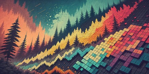 Vibrant pixelated landscape merges digital noise with natural beauty in a colorful forest setting