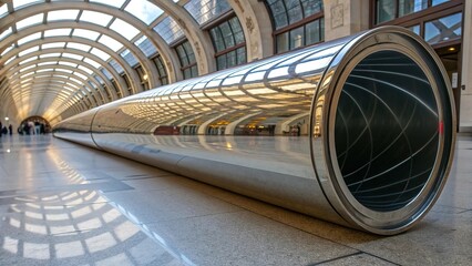 Polished chrome tube reflects the stunning architecture of a modern public space during daylight hours