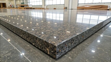 Polished granite slab in a spacious indoor setting during daylight showcasing its smooth surface and reflective quality