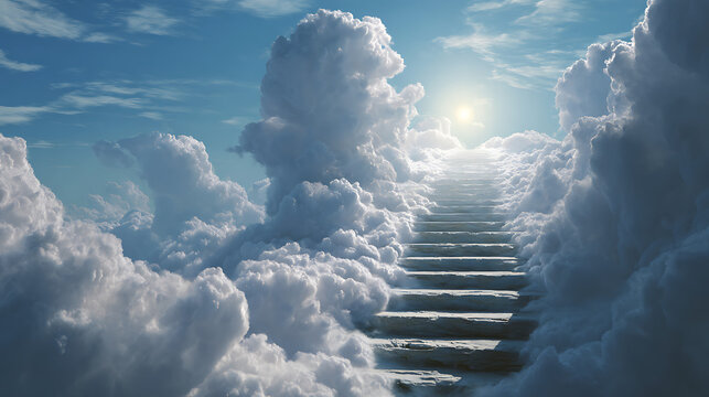 Stairway to heaven ascending through fluffy white clouds under bright sunlight spiritual