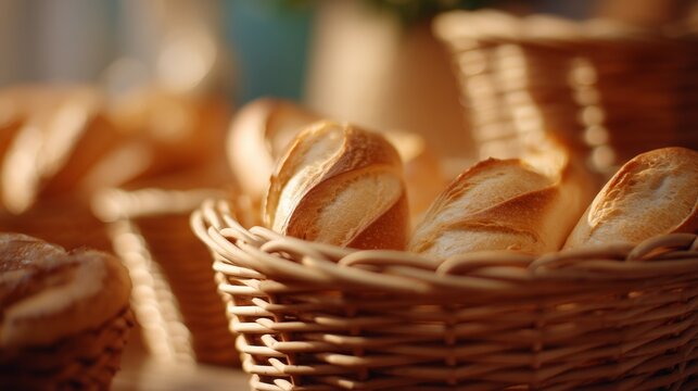 Freshly baked bread rolls in baskets at a cozy bakery setting during the morning