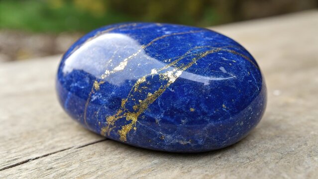 Polished lapis lazuli stone with golden streaks resting on a wooden surface in natural light