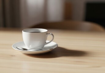 White coffee cup on saucer with spoon creating cozy atmosphere perfect for morning coffee or afternoon tea simple elegant and minimal