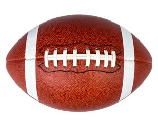 Brown leather oval ball with white laces and stripes