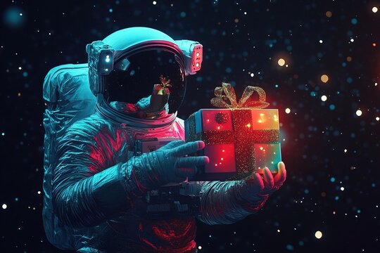 astronaut floats in space, holding brightly wrapped gift with a bow. Colorful lights surround figure, creating a festive atmosphere among stars