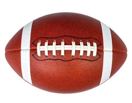 Brown leather oval ball with white laces and stripes