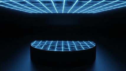 Empty modern spherical product podium resting on a dark reflective surface within a futuristic digital blue neon grid environment, creating a virtual reality display for concepts and technology