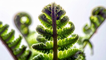 A detailed, backlit view of a green fern frond beginning to unfurl, with delicate leaves and veins visible against a bright background.