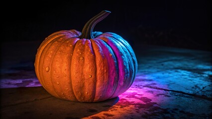 Pumpkin illuminated by vibrant orange and violet gel lighting creates a striking autumn ambiance