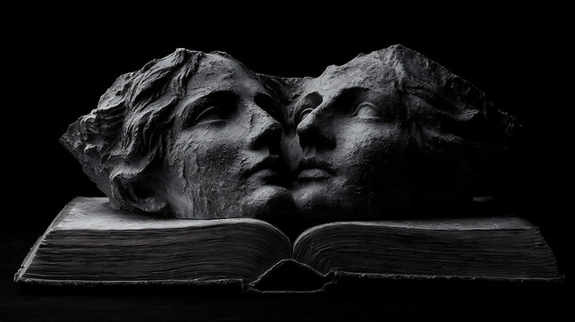 Stone faces embracing upon open book sculpture monochrome