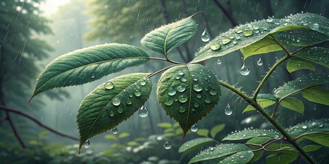 Raindrops glisten on lush green leaves in a tranquil forest scene after a refreshing rain shower