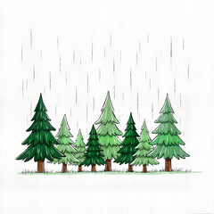 Obraz premium Pine trees swaying gently in the rain, nature's tranquility, isolated