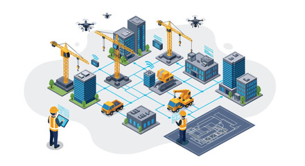 Smart construction project management with drones, cranes, and digital blueprints in a modern city development
