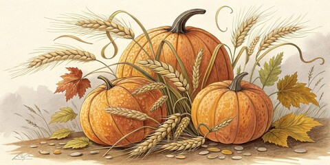 Harvest season brings warmth with pumpkins and golden wheat in a serene autumn setting